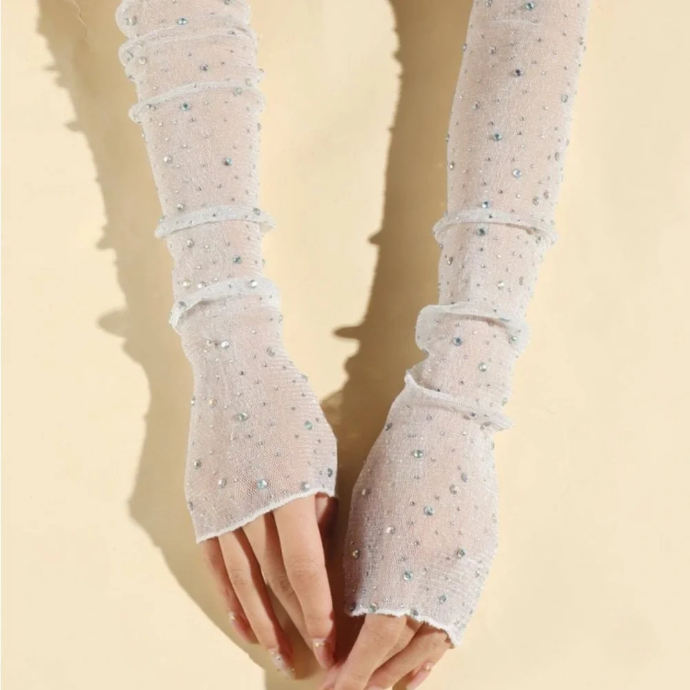 1pair Women Rhinestone Decor Fashion Arm Sleeves For Daily Life